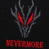Вертикальное макро вышивки Nevermore на чёрной футболке Friendly & Deadly